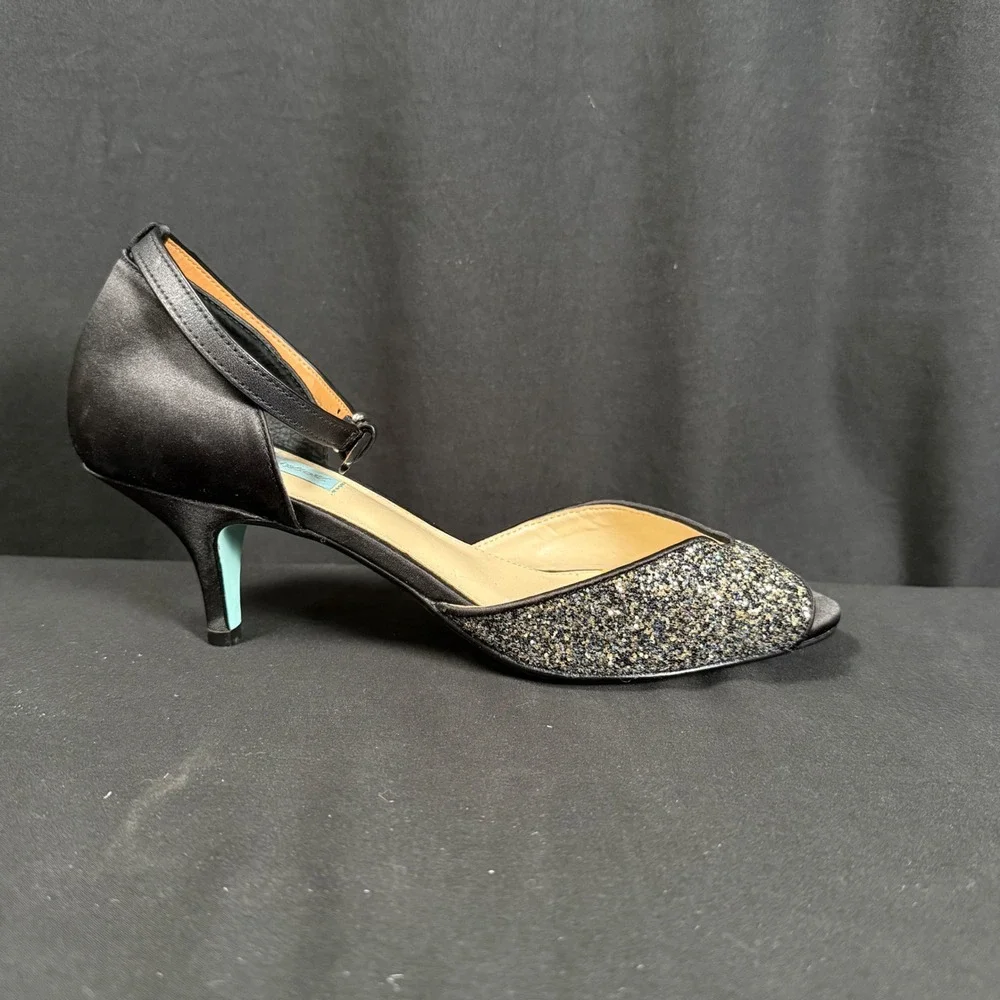 Betsey Johnson SB-RITA Black Glitter Peep Toe Kitten Heels Pumps Womens 8.5M
